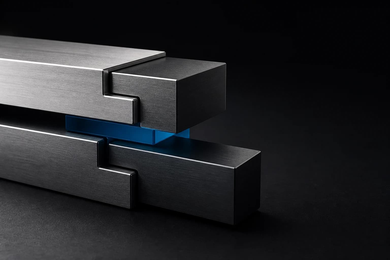 Präzise ineinandergreifende Metallmodule mit einer blauen Verbindung