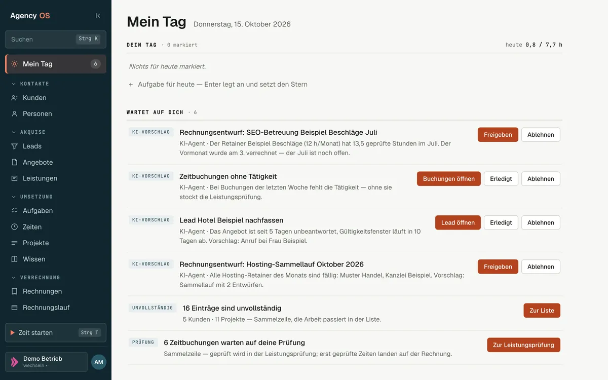 Agency OS, Mein Tag: originales Frontend mit Beispieldaten.