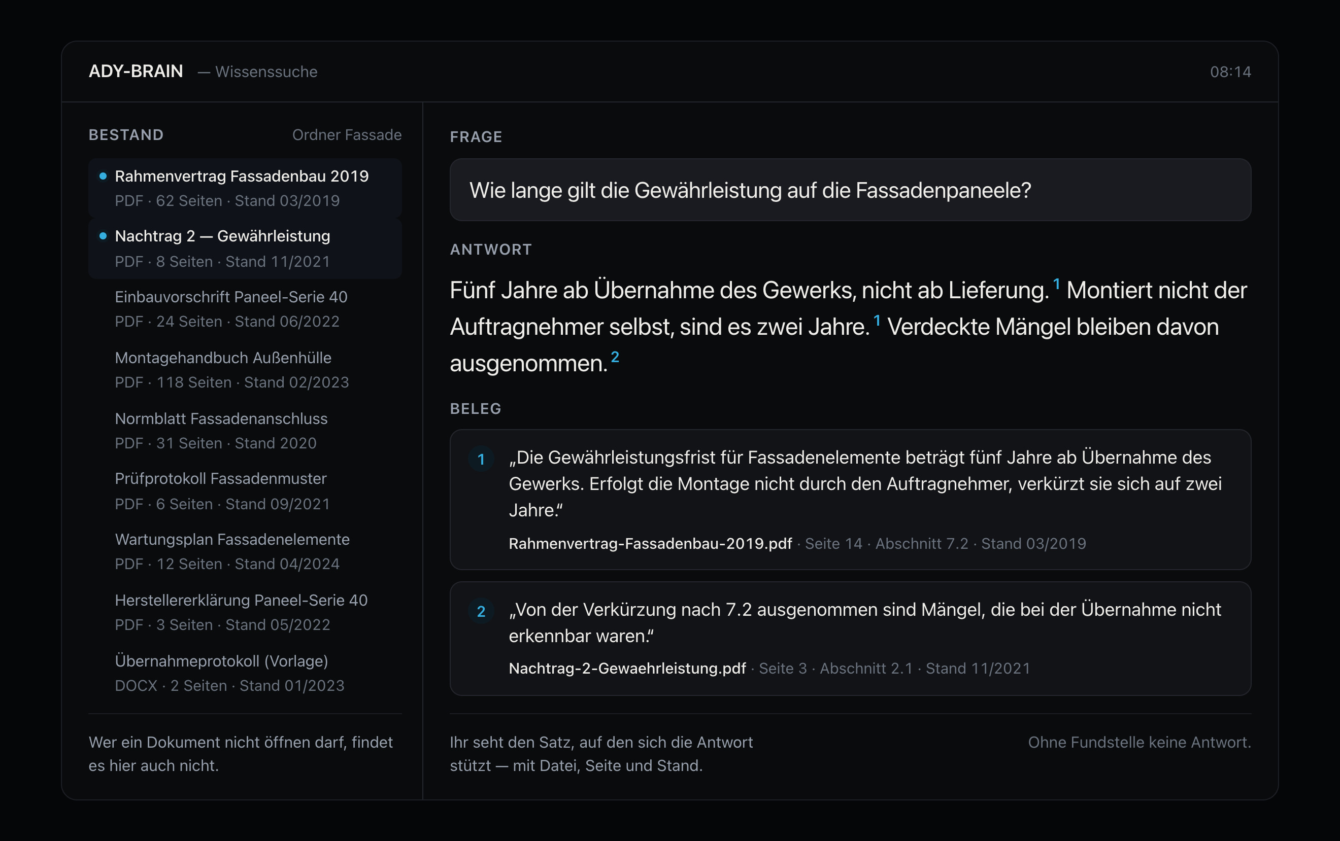 Antwort mit Fundstelle: Datei, Seite, Abschnitt und Stand stehen darunter